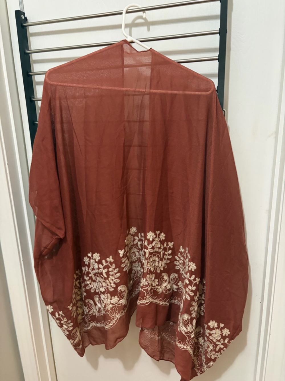 Rust Brown Sheer Floral Embroidered Kimono